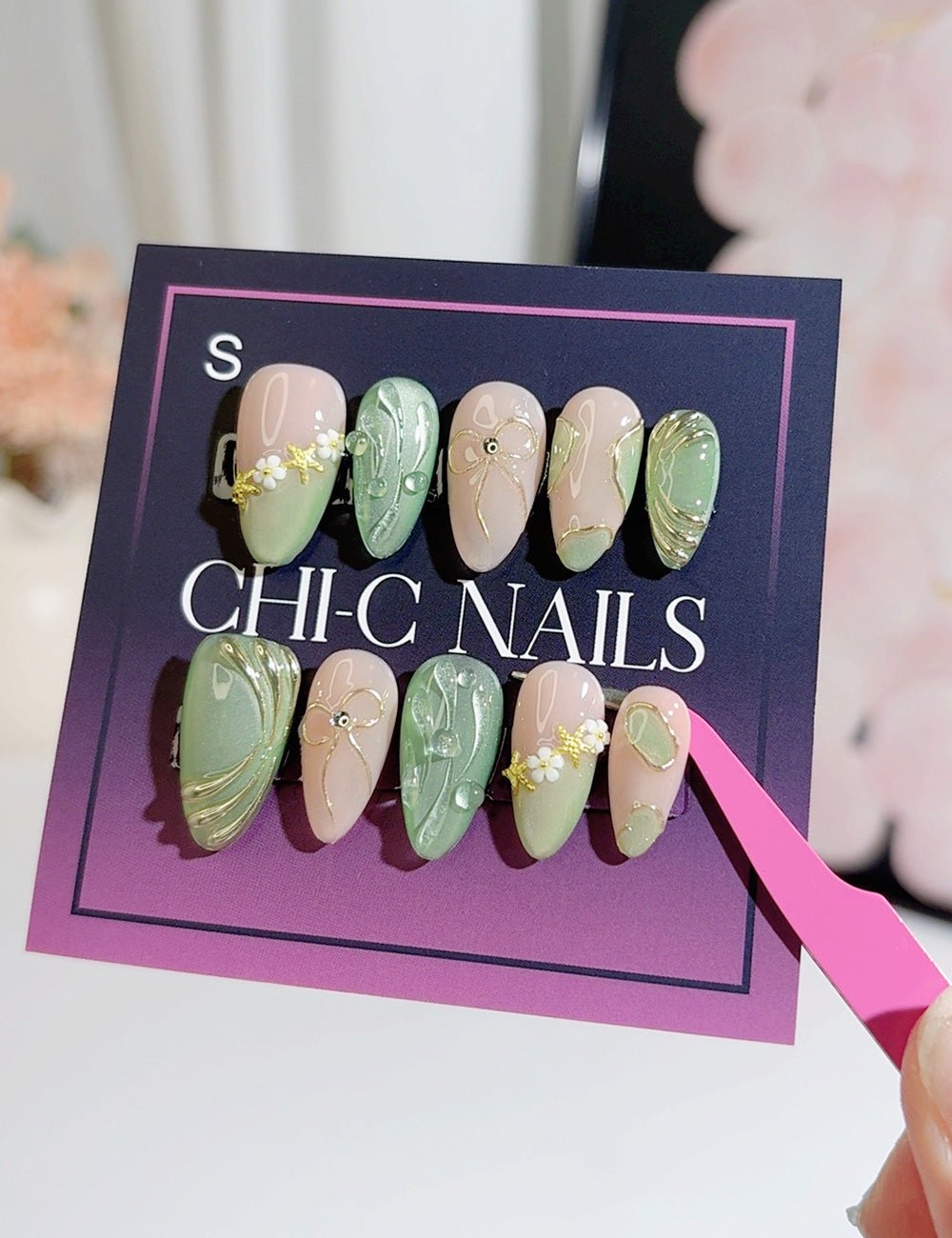 Handmade Press On Nails Sage Green Floral 3D Design Reusable Fake Nails CHICNAILS