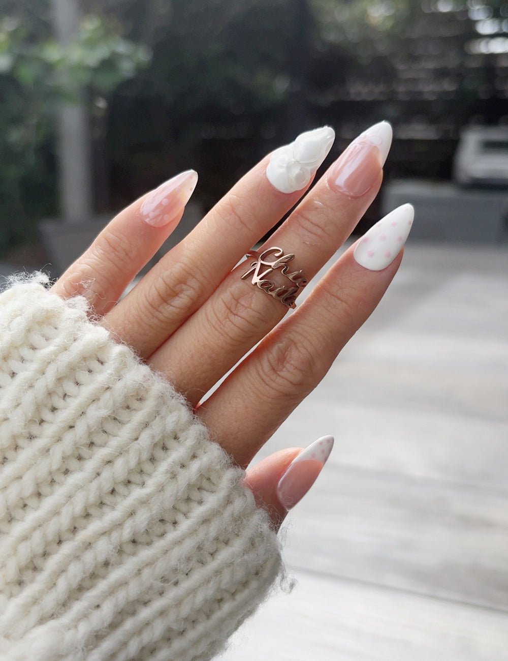 White Bow & Pink Dot Almond Press-On Nails