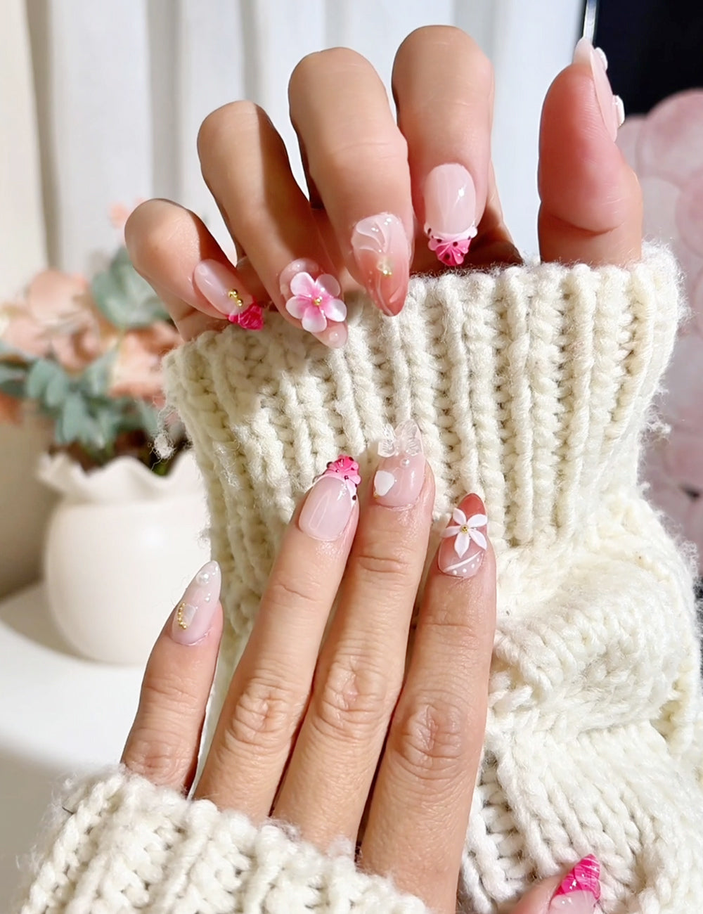 Tropical Kiss Press-On Nails – 3D Flowers, Pink Plaid & Butterfly Mix