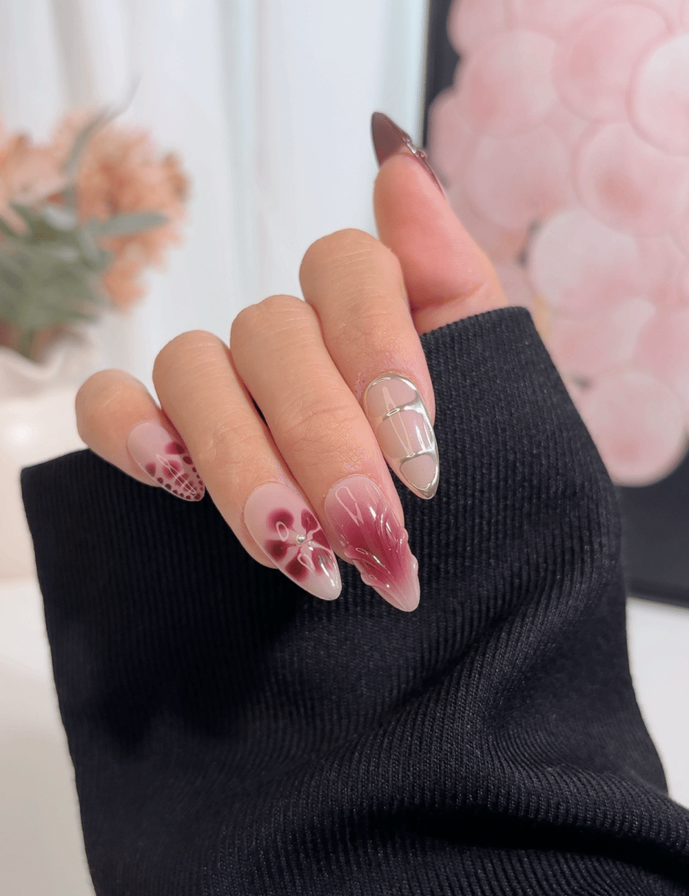 Medium Floral Art Press-On Nails – Burgundy Petal & Silver Line Design