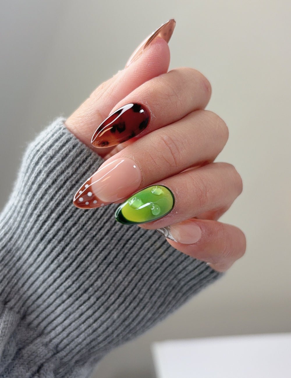 Water Drop Press-On Nails - Vibrant Green & Orange Reusable Nails - Medium Almond