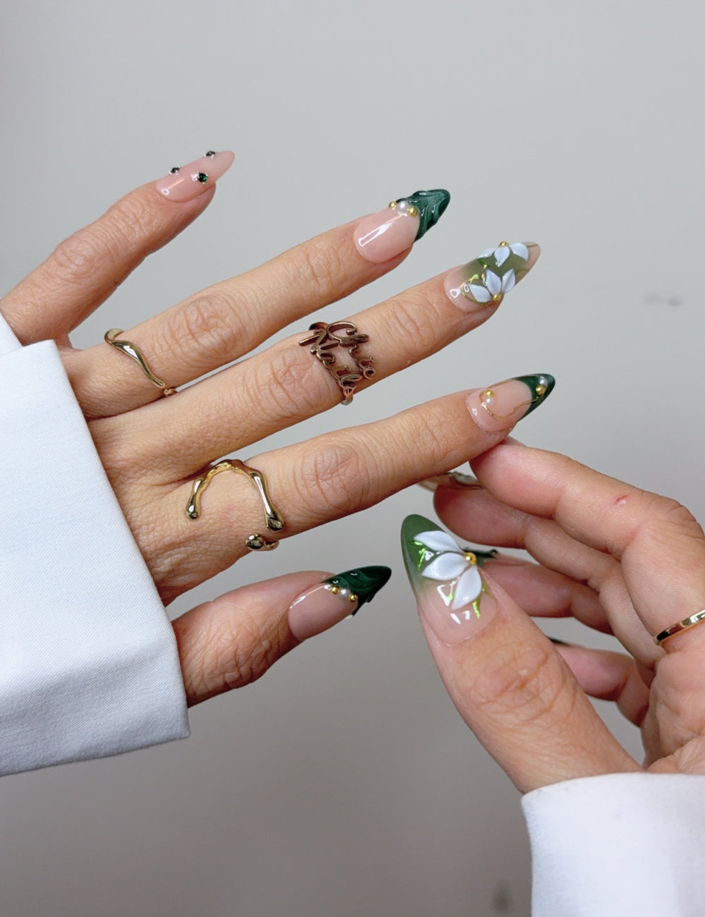 Handmade Emerald Green Floral French Press-On Nails – Medium Almond