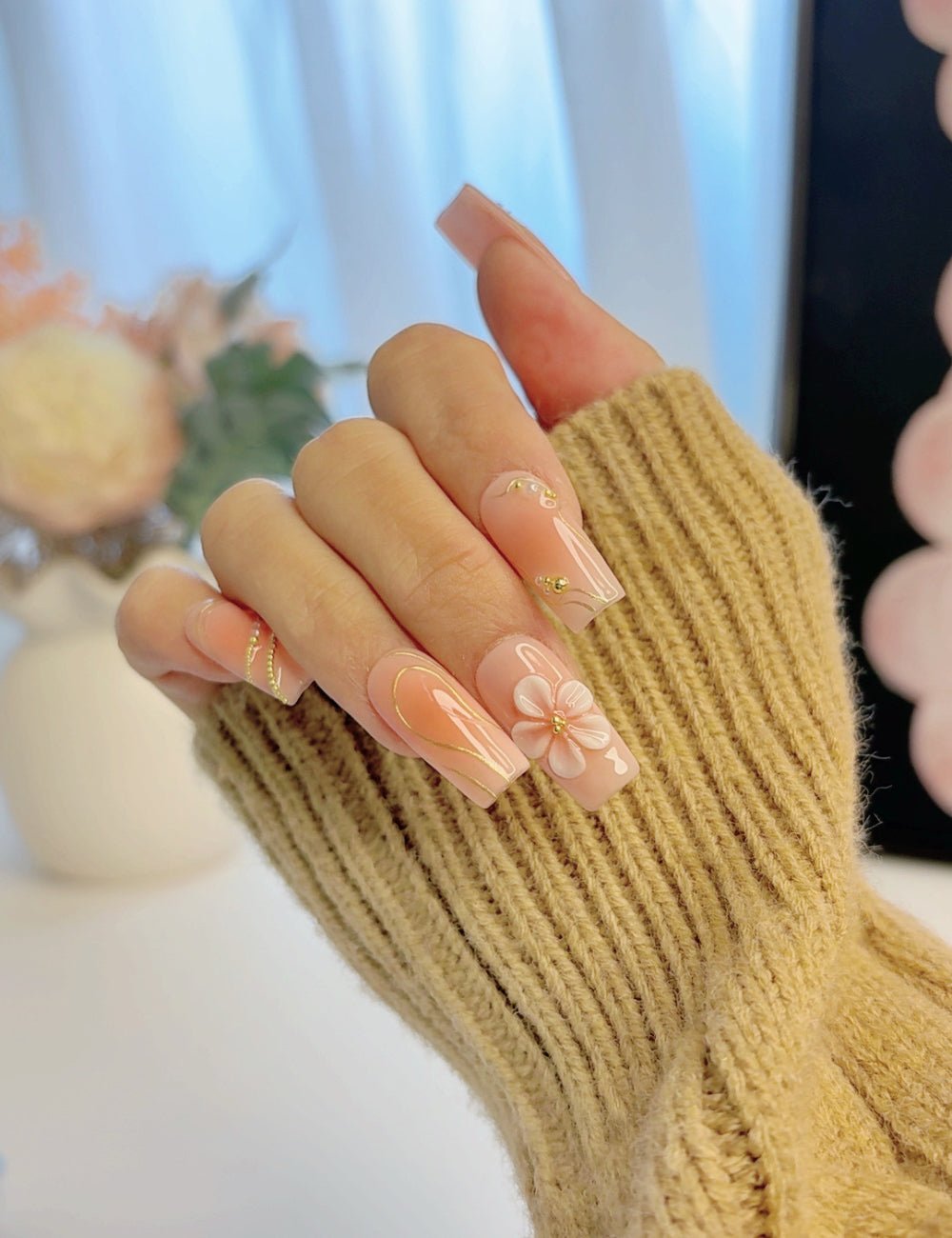 Handmade Peach Apron 3D Floral Long Square Press-On Nails