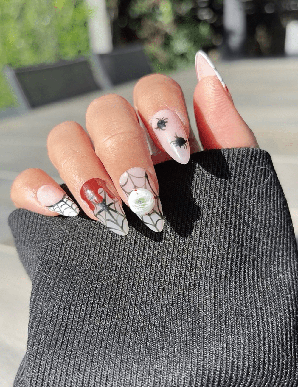 Halloween Spider Web Press-On Nails – Medium Almond with 3D Spiders & Blood Drip