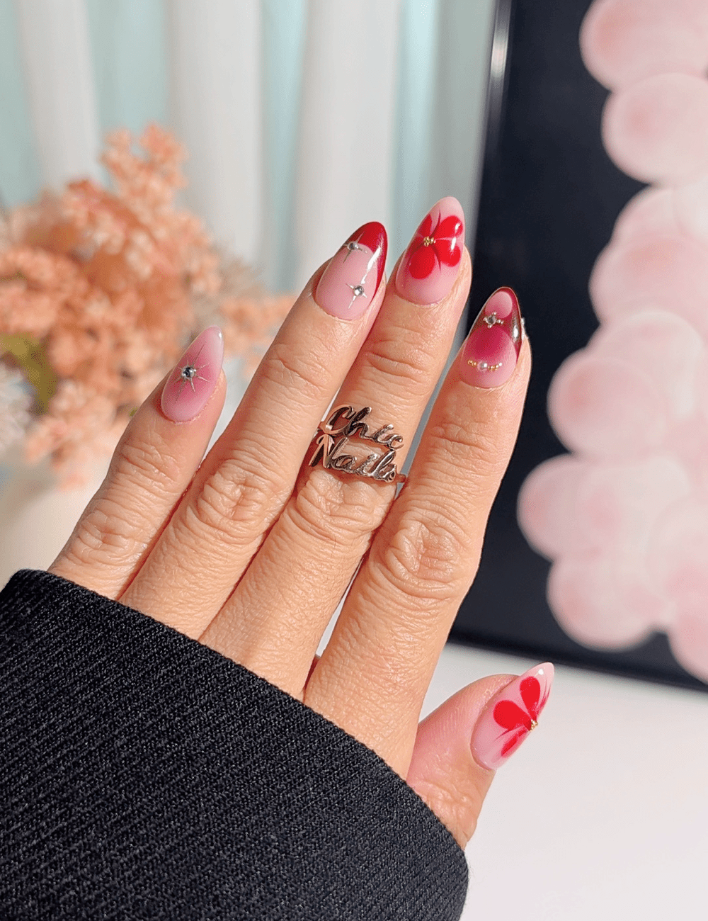 Pink Red Floral Press-On Nails – Short Almond