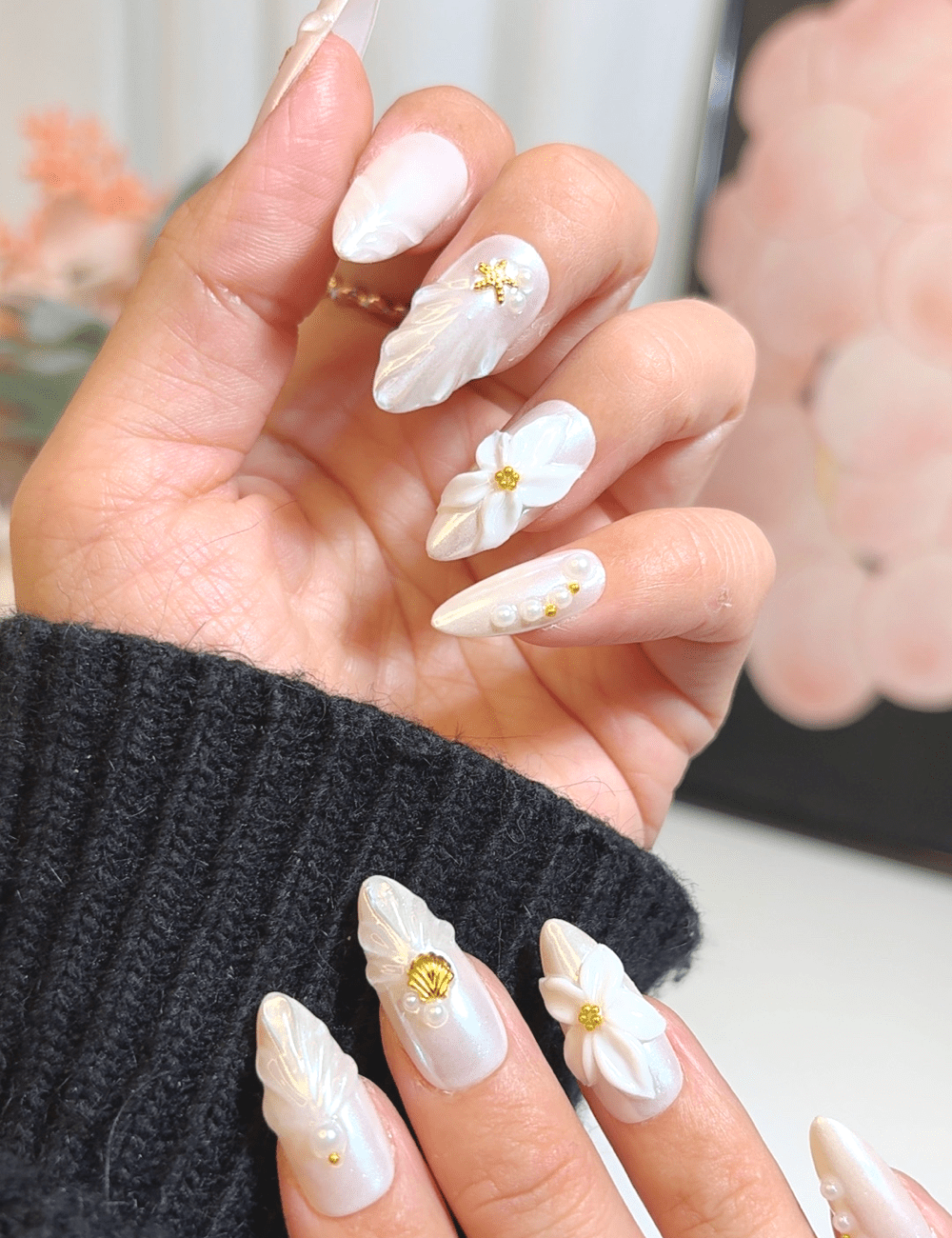 Pearl White 3D Floral Press-On Nails – Medium Almond