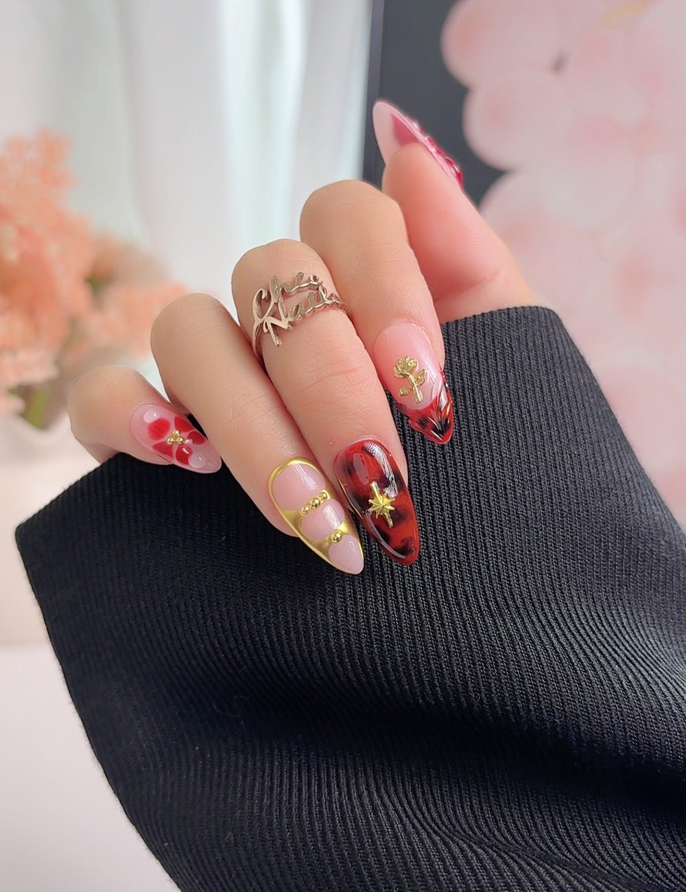Red Floral Press On Nails with Glue, Medium Almond, Handmade 3D Flower Nails, Gold Detail Artistic Nails