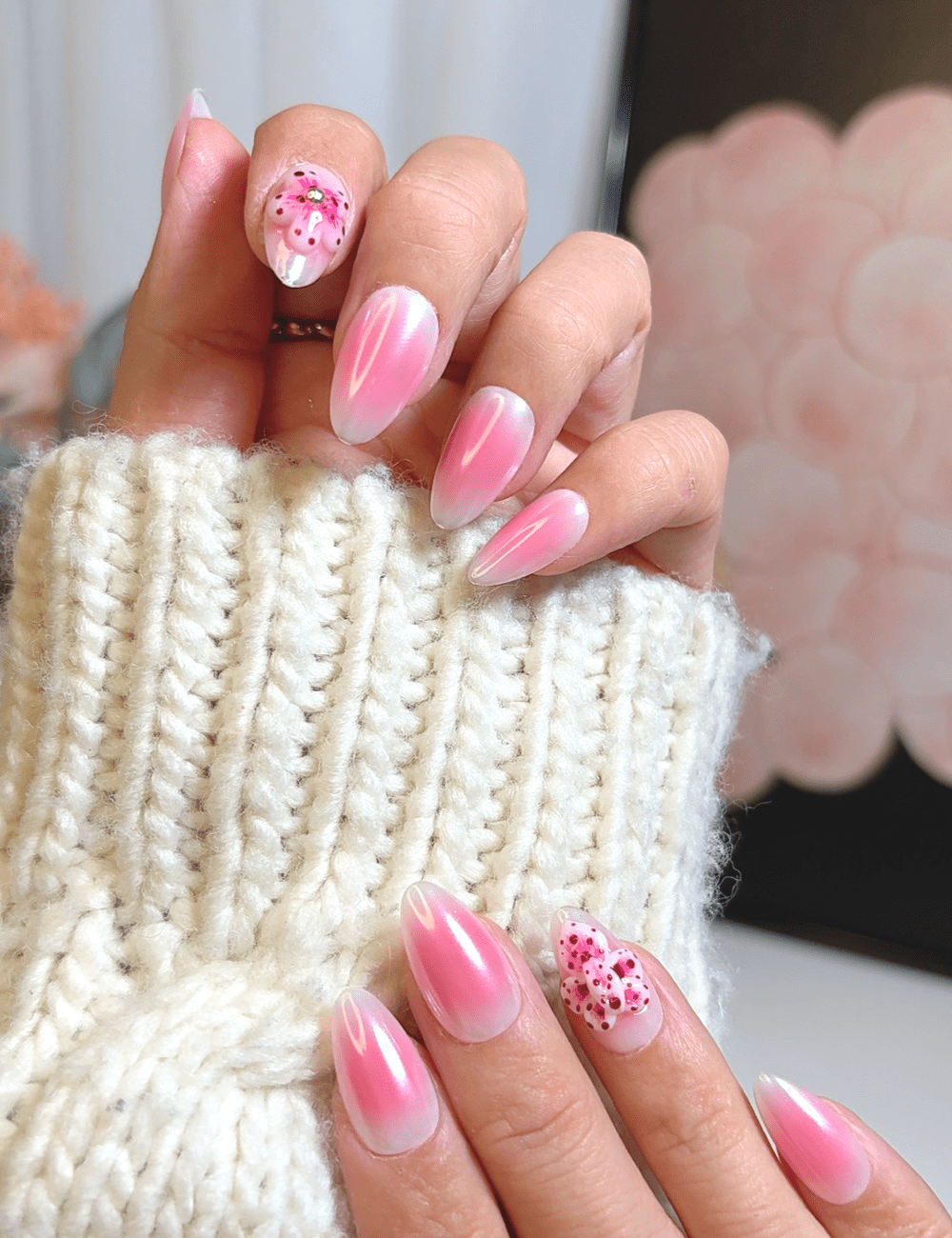 Cherry Bow & Pink Aura – Short Almond