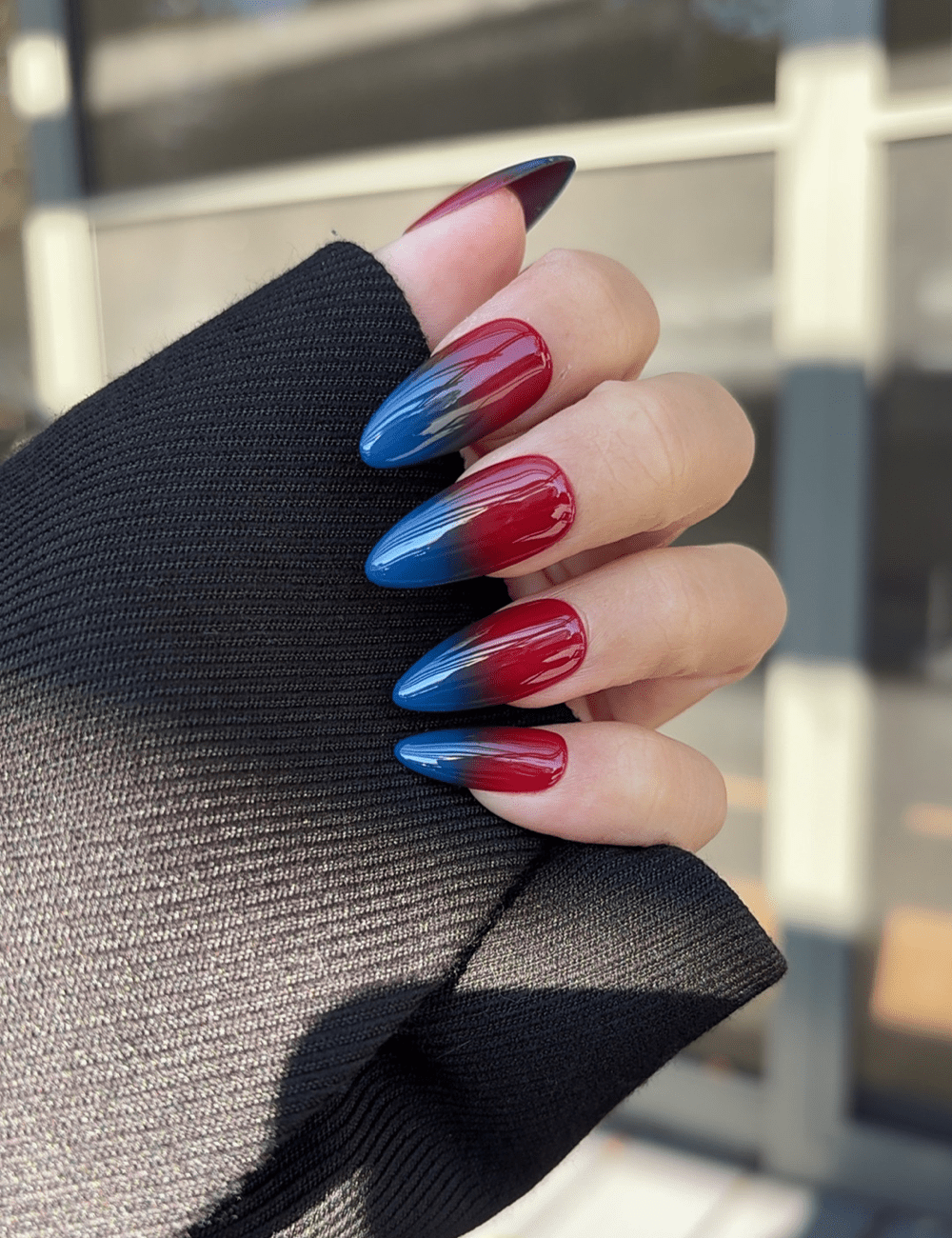 Medium Red to Blue Ombré Press-On Nails – Bold Gradient Almond Design