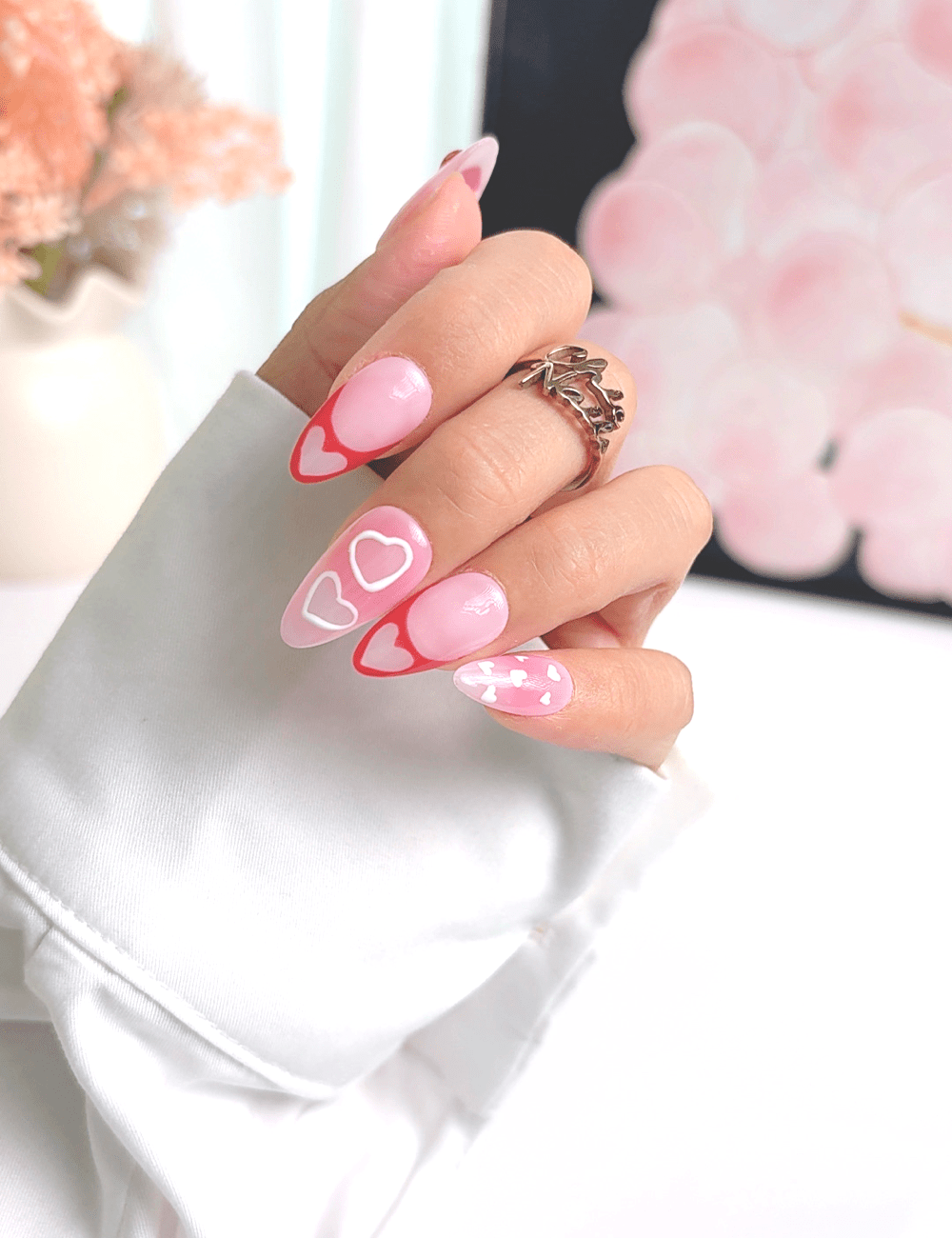Valentine Heart French Press On Nails – Medium Almond Pink Love Design