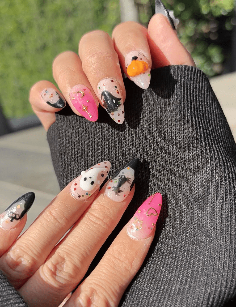 Pink & Black Halloween Press-On Nails – Medium Almond with 3D Ghost & Pumpkin Accents