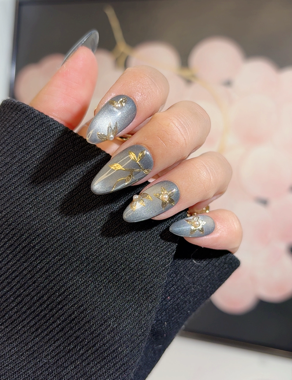 Silver Cat Eye Press-On Nails with Gold Floral Design – Medium Almond Elegant Look