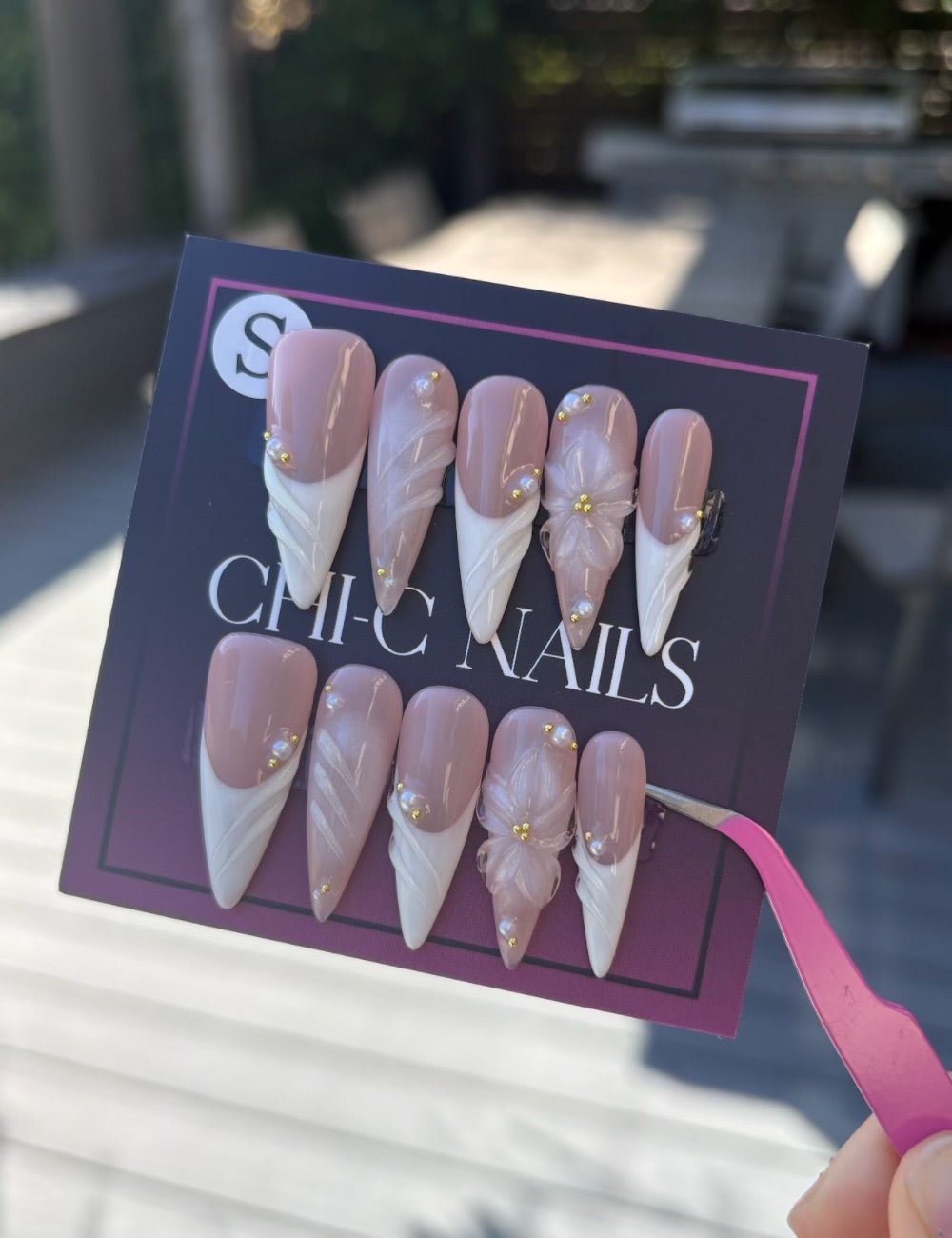 Stiletto Nude Pink Press-On Nails – White French Tip 3D Floral Elegant Nails