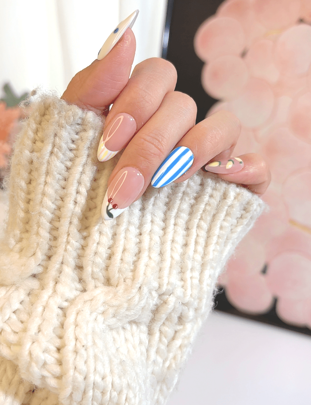 Fruit Mix Press-On Nails – Medium Almond | Summer Stripes & Fruity Design