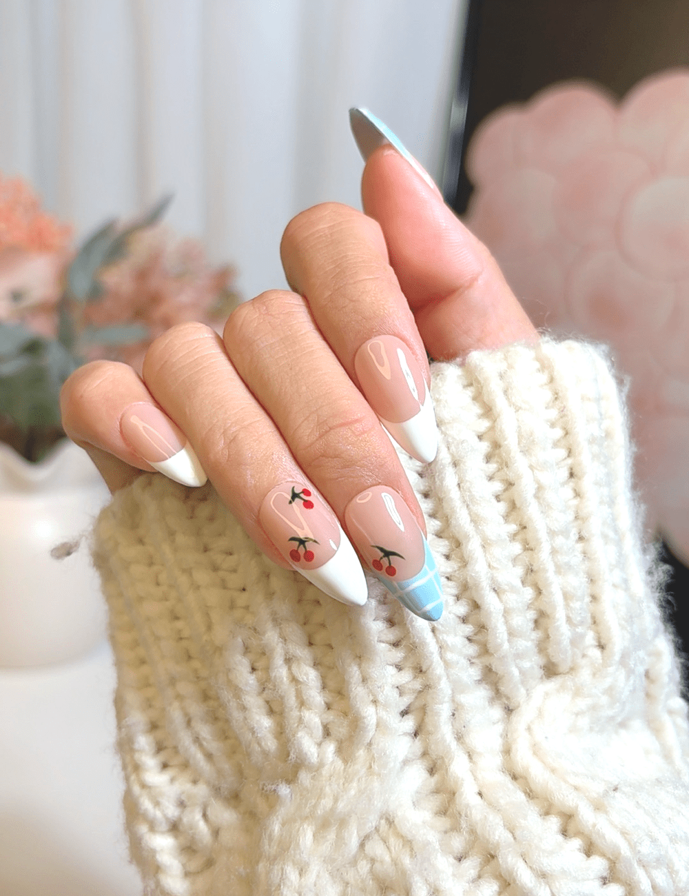 Cherry French & Gingham Tips – Medium Almond