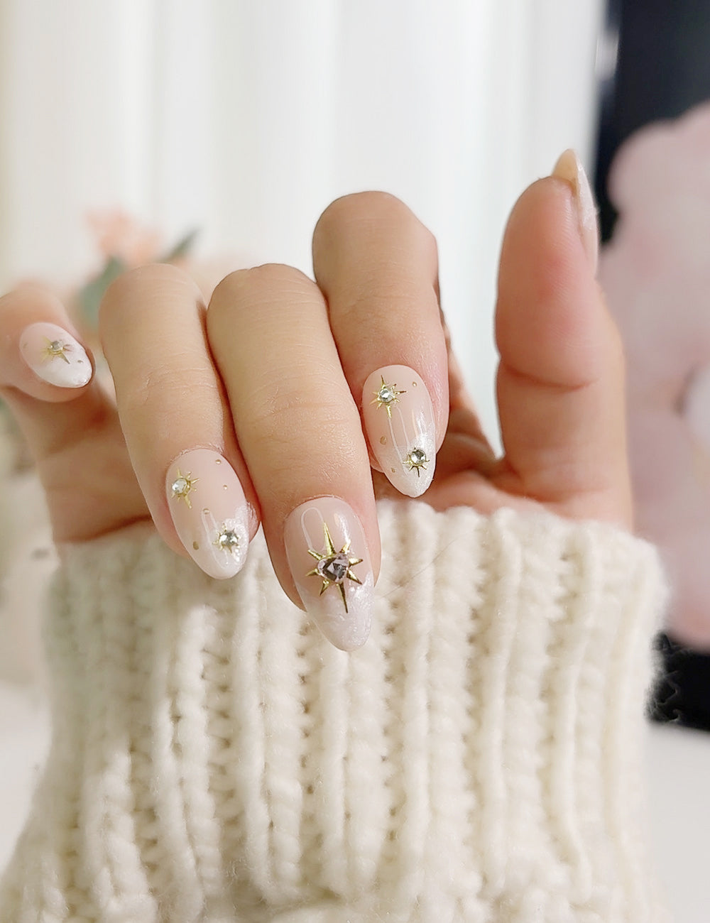 Stardust Mocha Press-On Nails – Nude Glitter with 3D Stars & Rhinestones