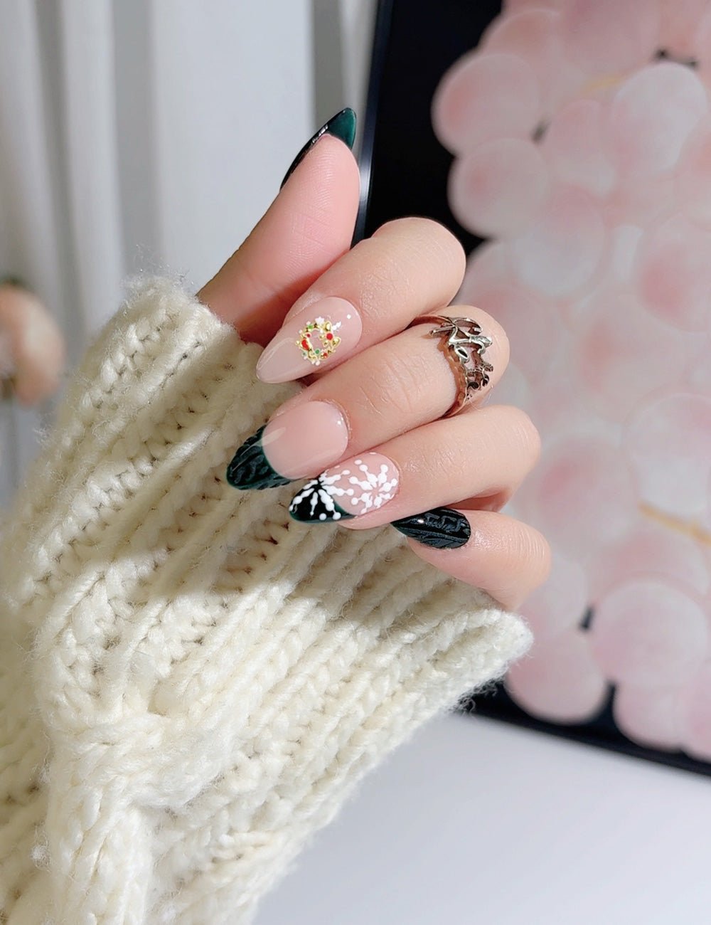 Handmade Press On Nails Dark Green Christmas French Design Reusable Fake Nails CHICNAILS