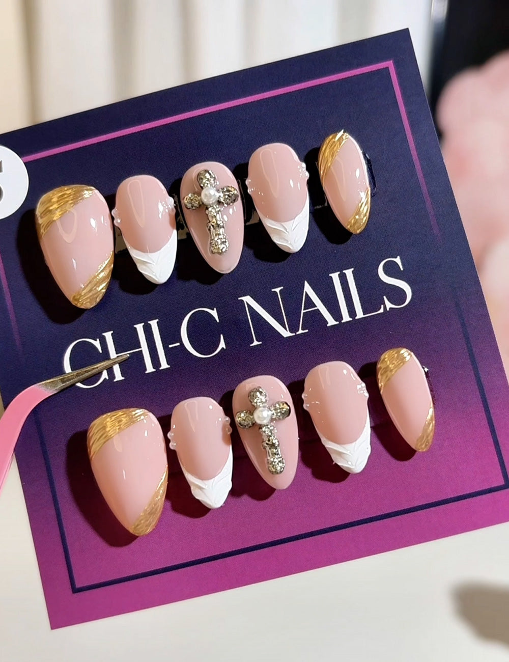 Holy Glam Press-On Nails – Nude with White Tips & Crystal Cross Accent