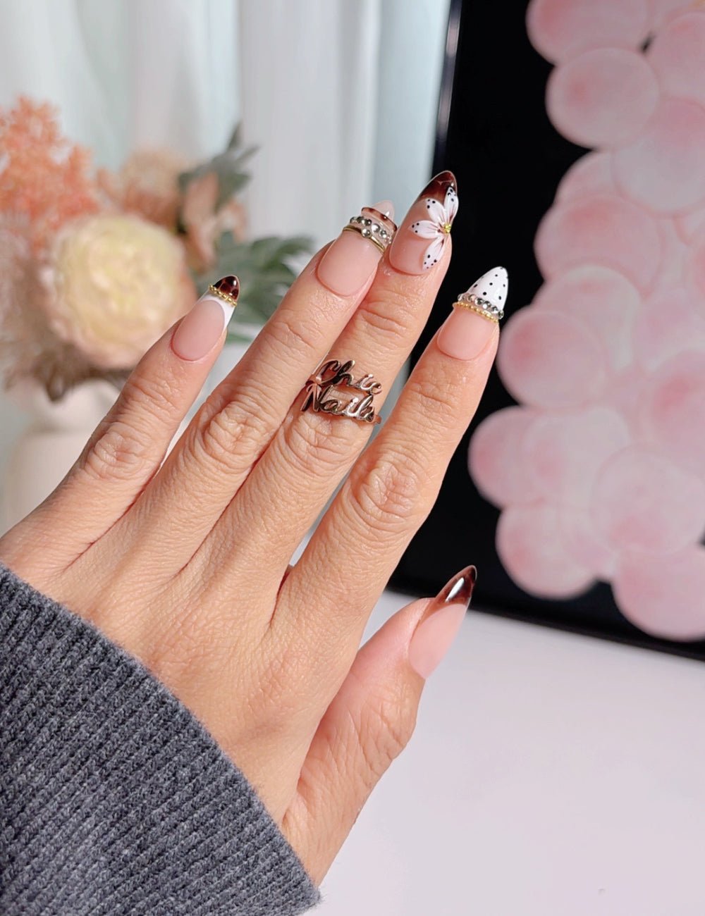 Handmade Medium Almond Press-On Nails - 3D Floral & Polka Dot Luxury Fake Nails