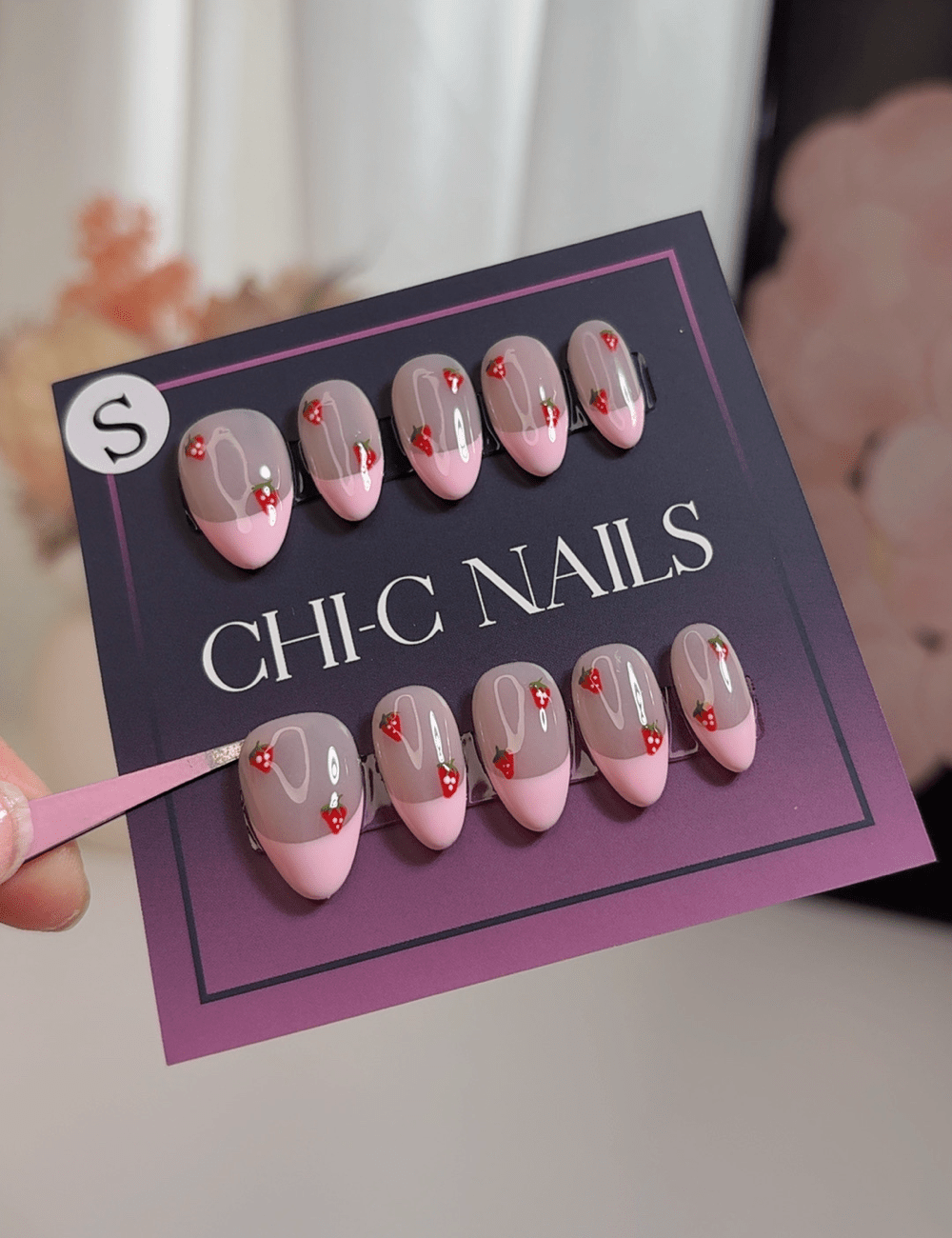 Strawberry French Press-On Nails – Short Almond Sweet Pink Set