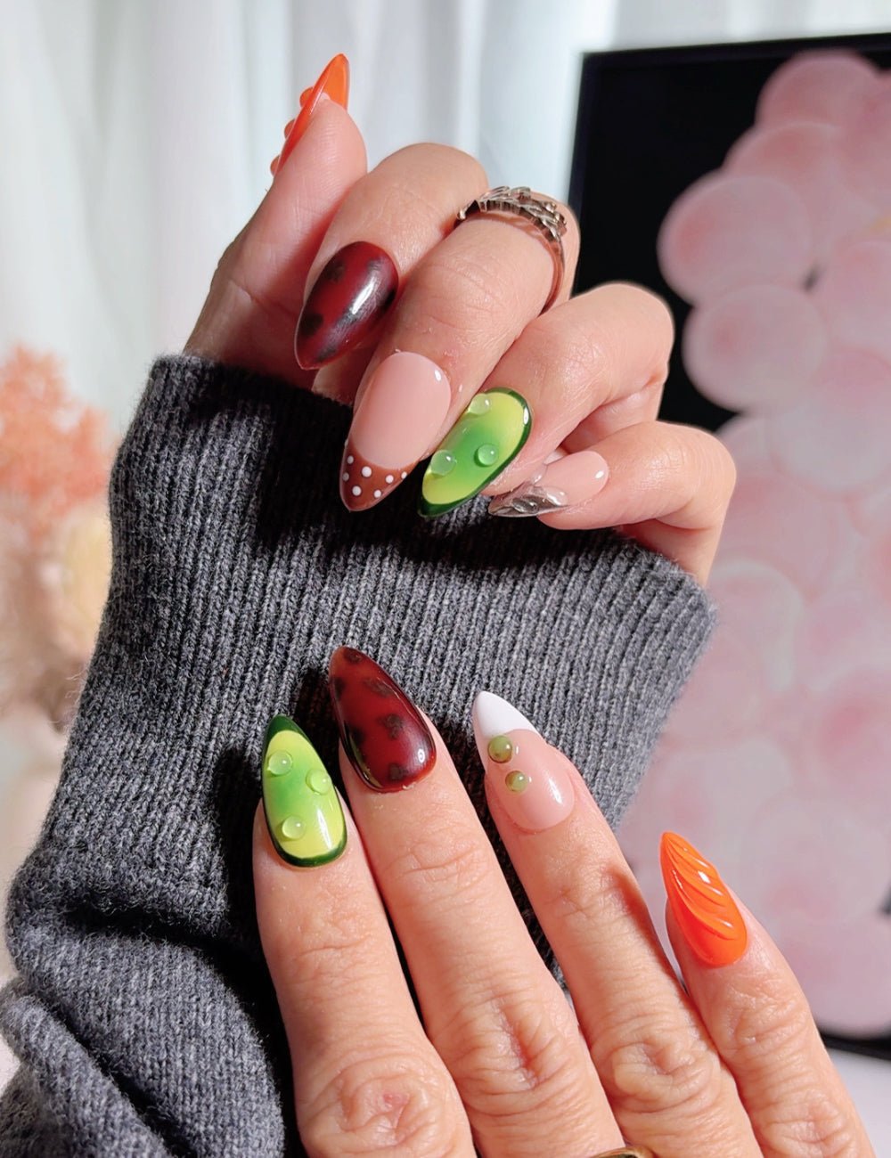 Custom 3D Water Drop Press-On Nails - Vibrant Green & Orange Reusable Nails - Medium Almond