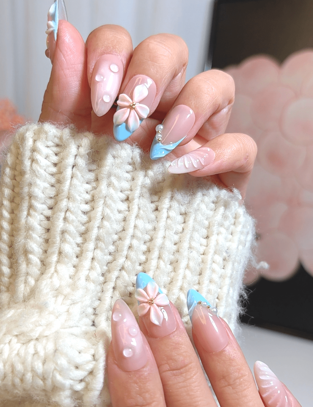 Blush Blue Bloom & Dewy Petals – Medium Almond