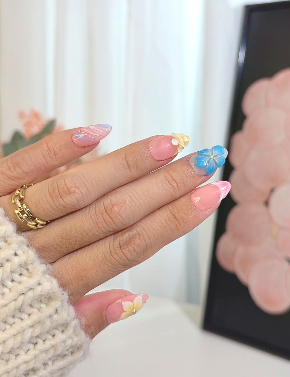 Pastel Bloom Press-On Nails – Pink & Blue Floral 3D Design | Short Almond Spring Nails