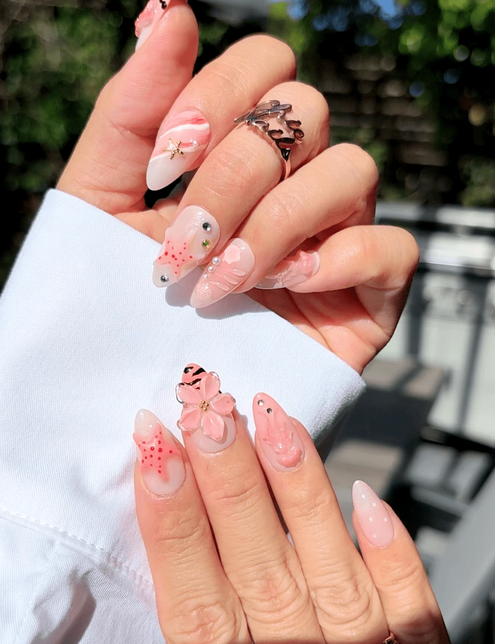 Pink Coral Blossom Press-On Nails – 3D Floral & Starfish Summer Design