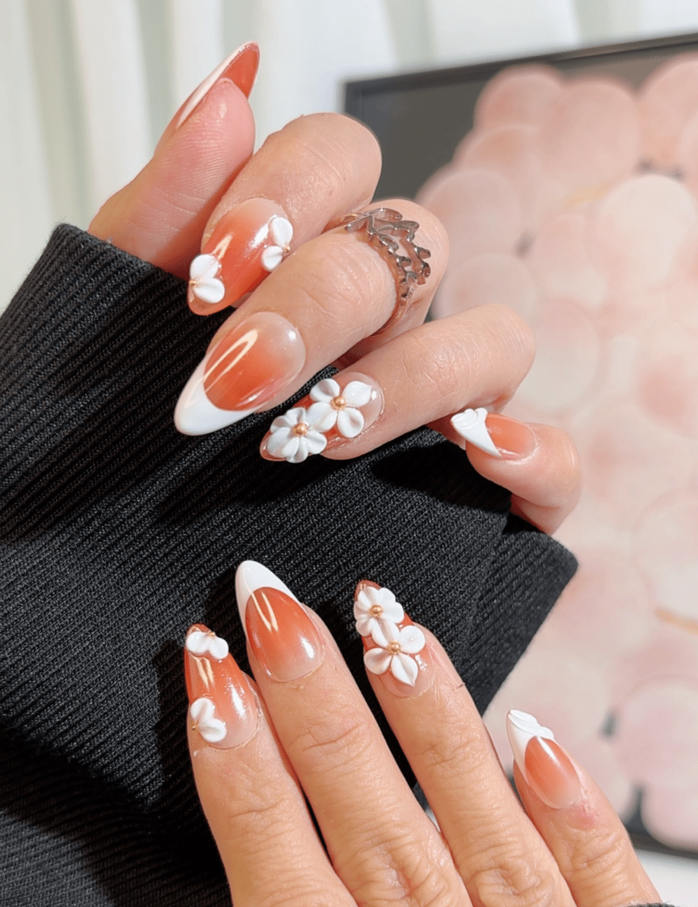Rusty Brown 3D Floral French Press-On Nails – Autumn Elegance | CHICNAILS