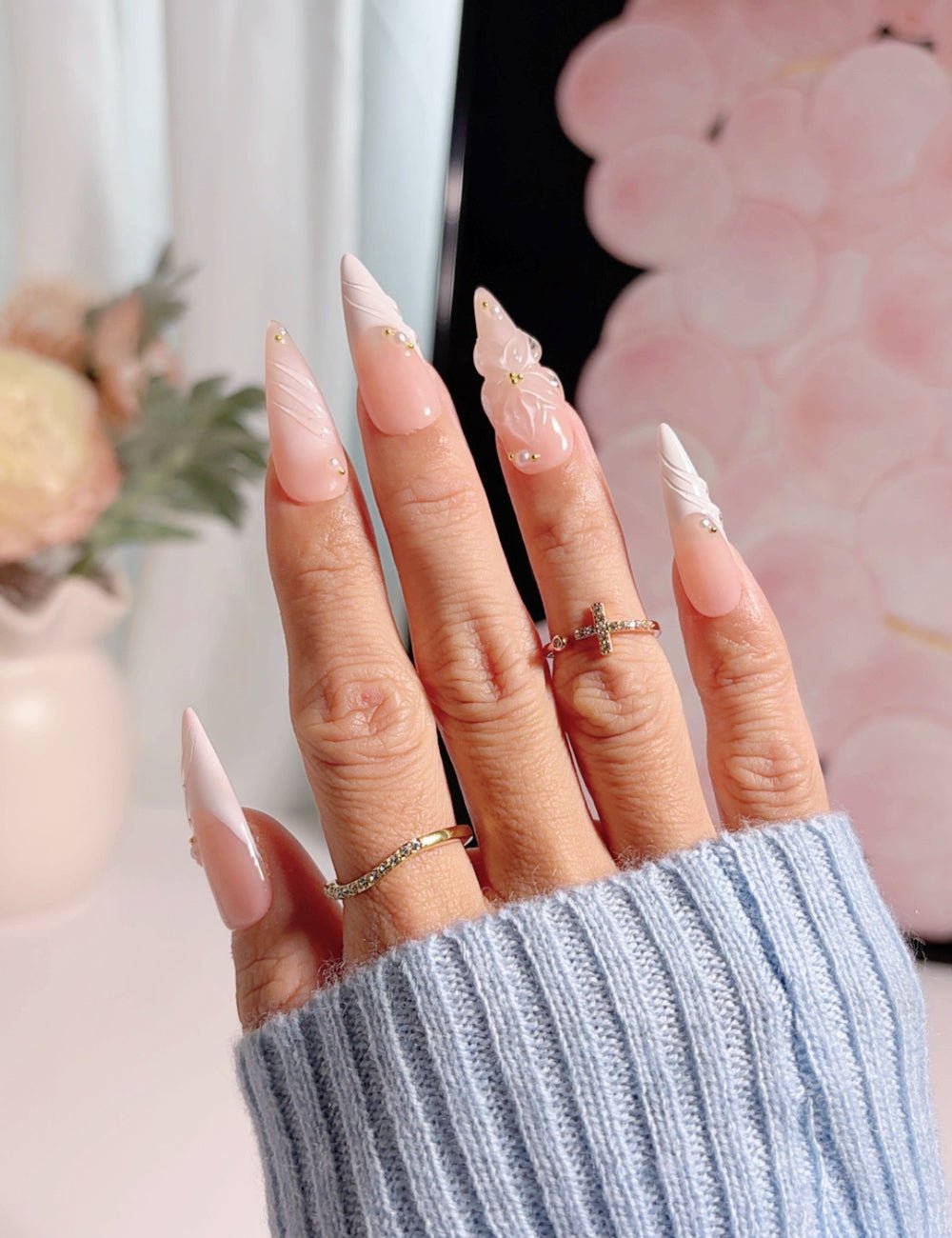 Stiletto Nude Pink Press-On Nails – White French Tip 3D Floral Elegant Nails