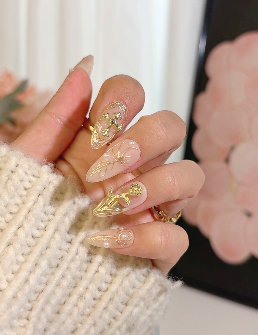 Golden Grace – Nude & Gold 3D Press-On Nails | Medium Almond
