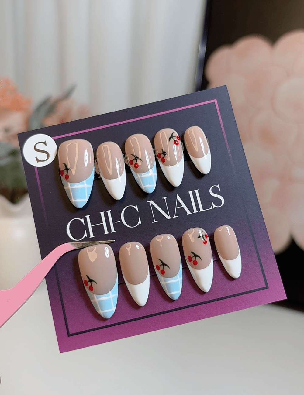 Cherry French & Gingham Tips – Medium Almond