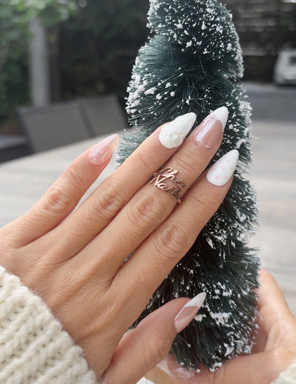 White Bow & Pink Dot Almond Press-On Nails