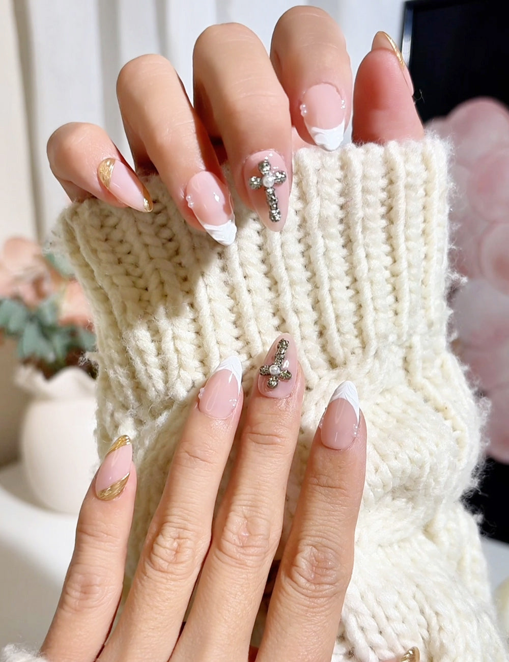 Holy Glam Press-On Nails – Nude with White Tips & Crystal Cross Accent