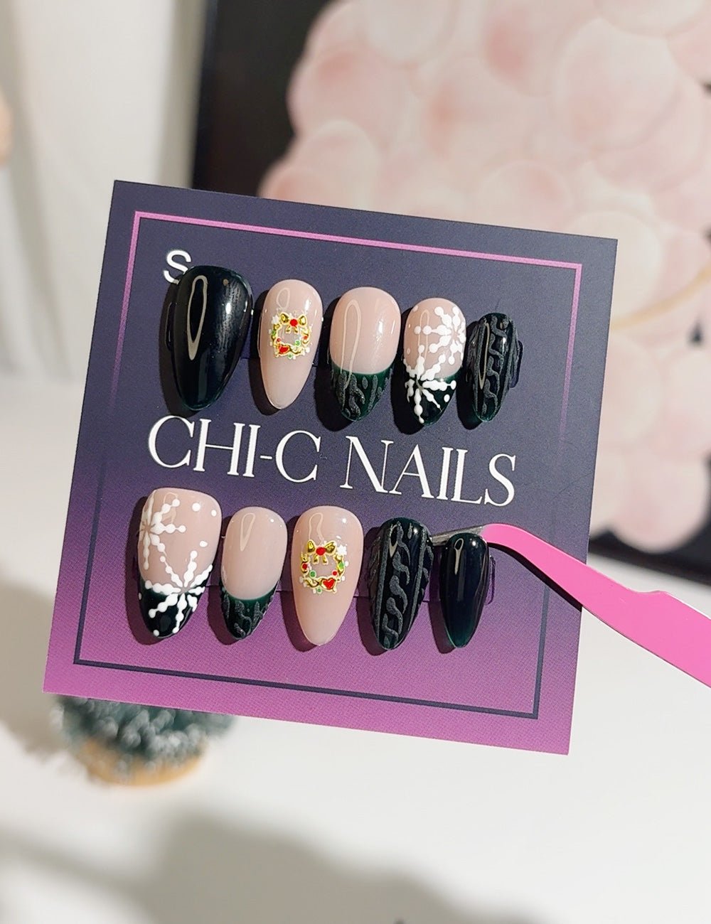 Handmade Press On Nails Dark Green Christmas French Design Reusable Fake Nails CHICNAILS