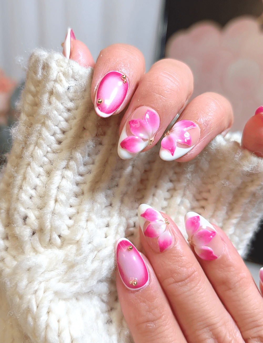 Hot Pink Floral Press-On Nails – 3D Orchid Petals with Ombre Design