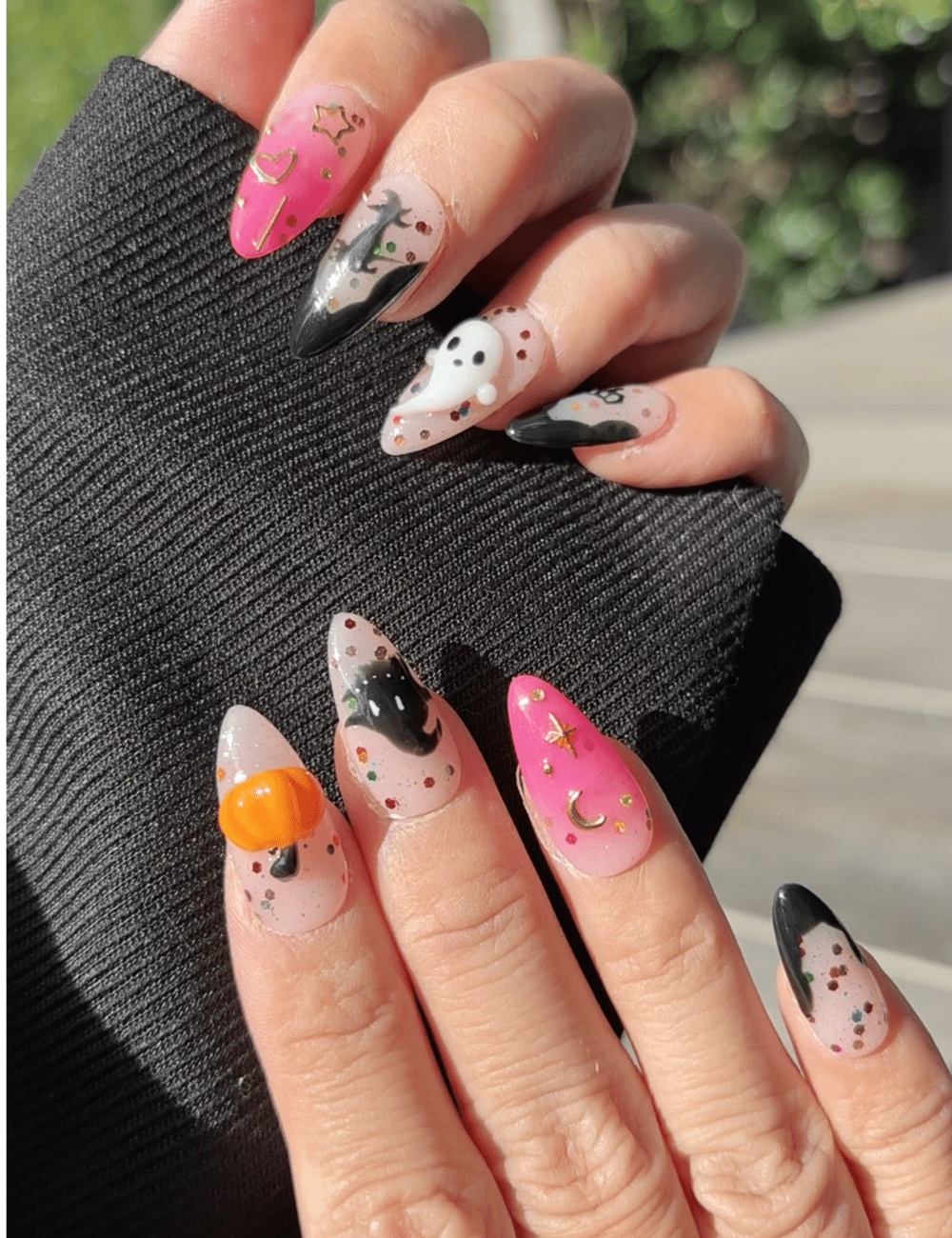 Pink & Black Halloween Press-On Nails – Medium Almond with 3D Ghost & Pumpkin Accents