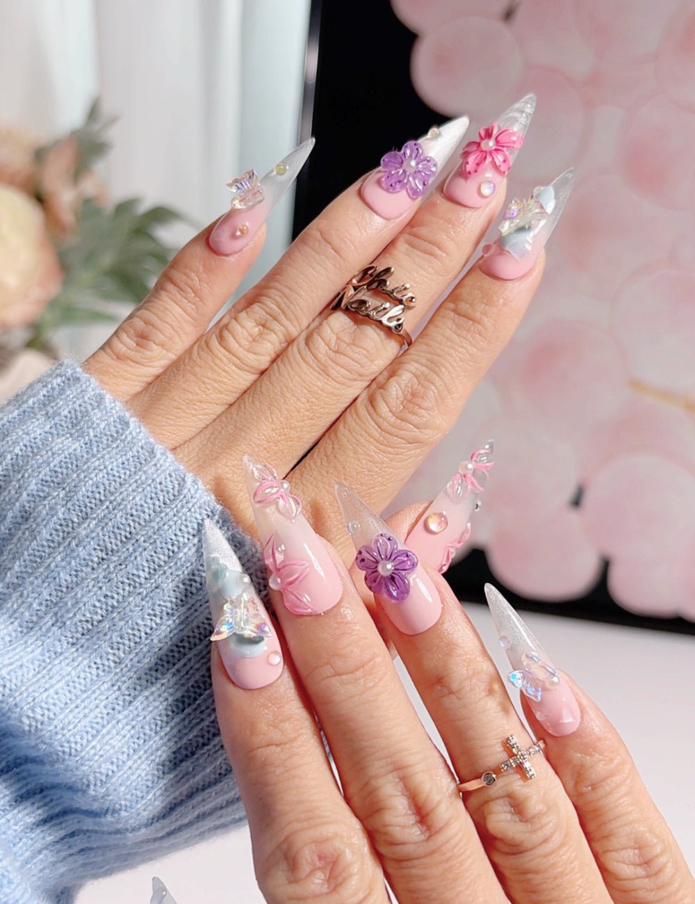 Stiletto Clear Pink Press-On Nails – 3D Flower Butterfly Rhinestone Nails