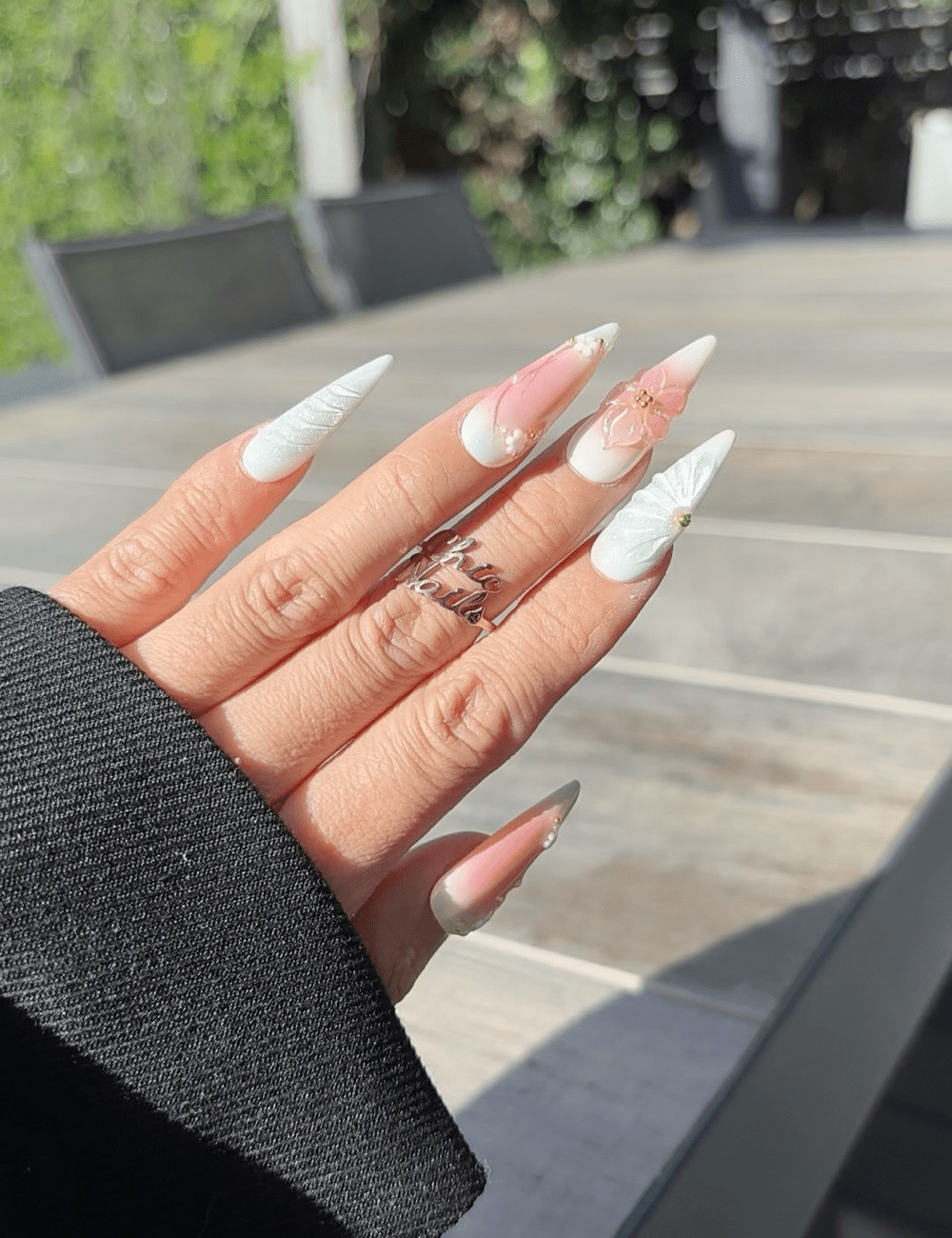 3D Butterfly & Floral Press-On Nails – Long Stiletto Pearl White with Gold Accents