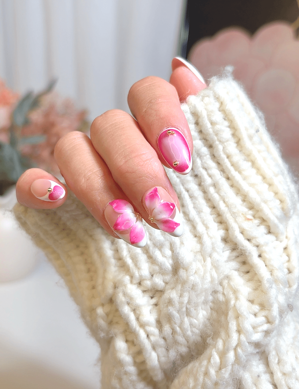 Hot Pink Floral Press-On Nails – 3D Orchid Petals with Ombre Design