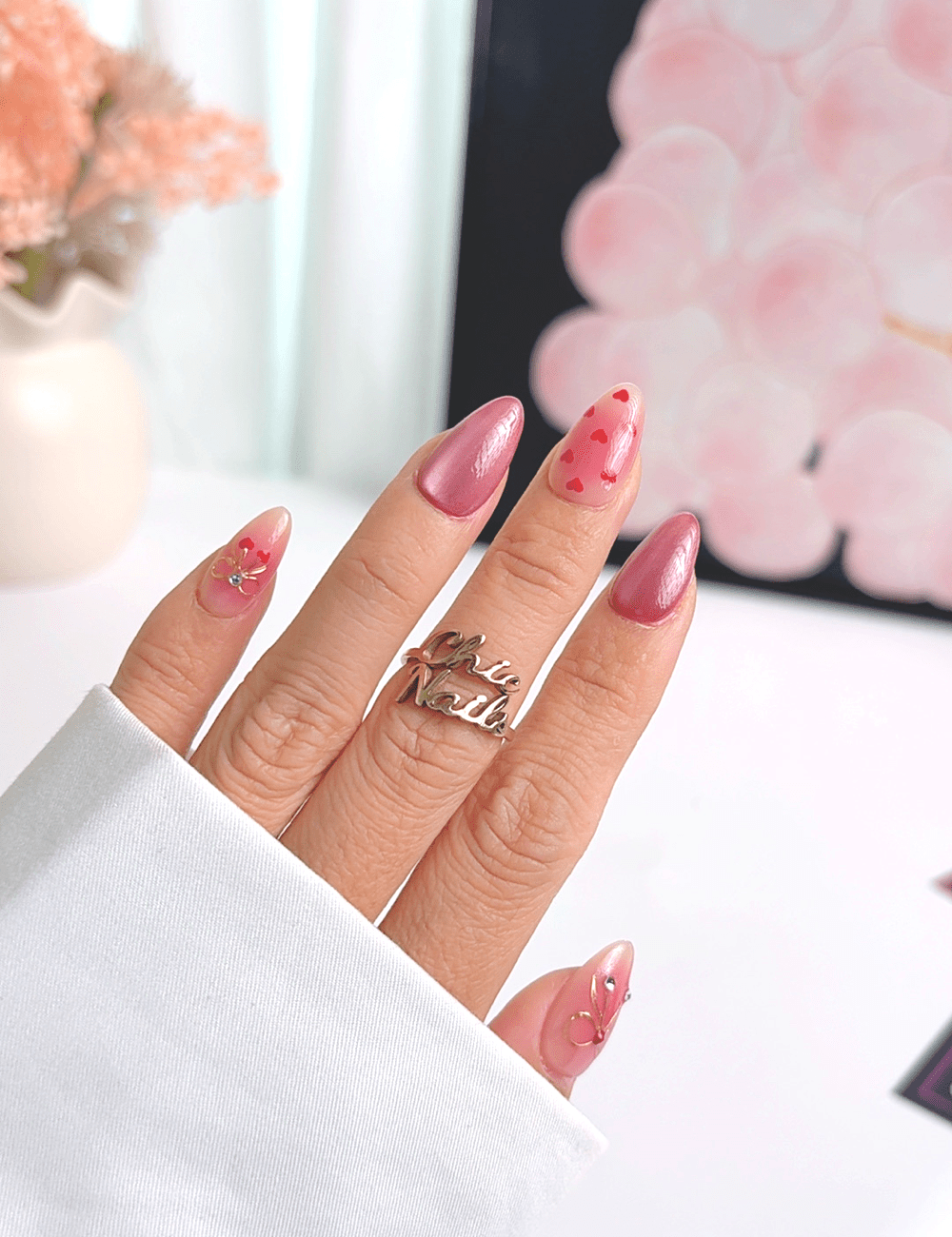 Valentine Heart Chrome Press On Nails – Short Almond Pink Love Design