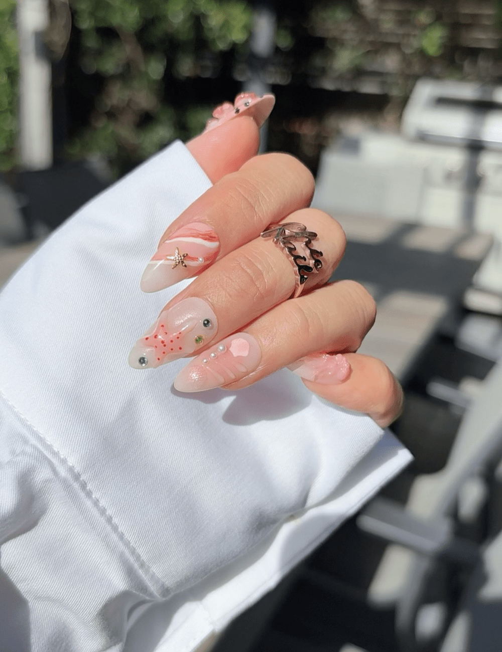 Pink Coral Blossom Press-On Nails – 3D Floral & Starfish Summer Design