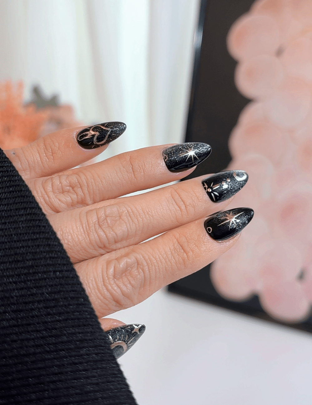 Celestial Star   Moon Press-On Nails – Short Almond | Black  Gold Cosmic Design