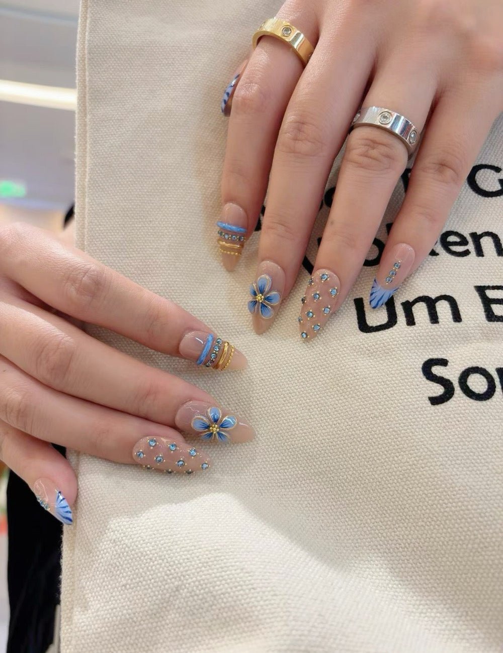 Blue Blossom French Press-On Nails | Nude Floral Almond Nail Set
