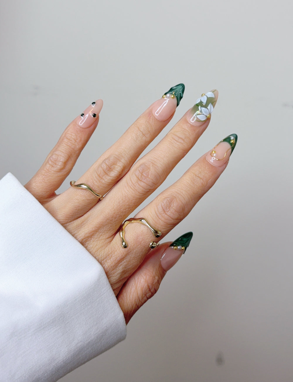 Handmade Emerald Green Floral French Press-On Nails – Medium Almond