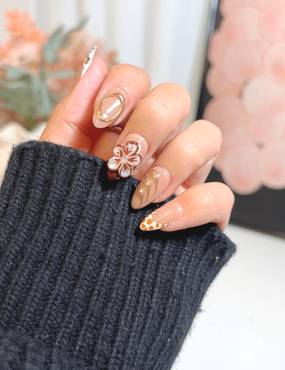 Leopard & Gold 3D Flower – Short Almond