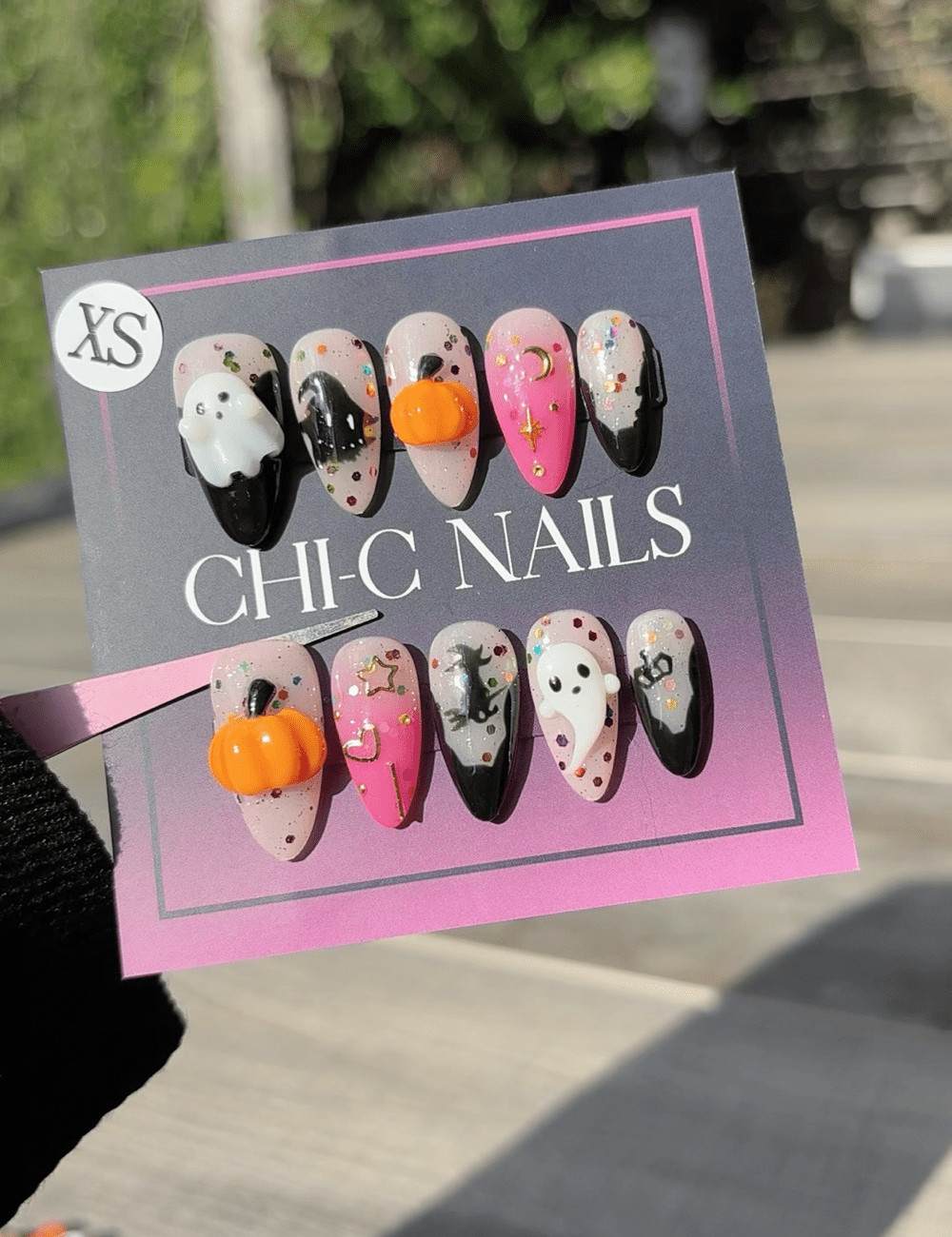 Pink & Black Halloween Press-On Nails – Medium Almond with 3D Ghost & Pumpkin Accents