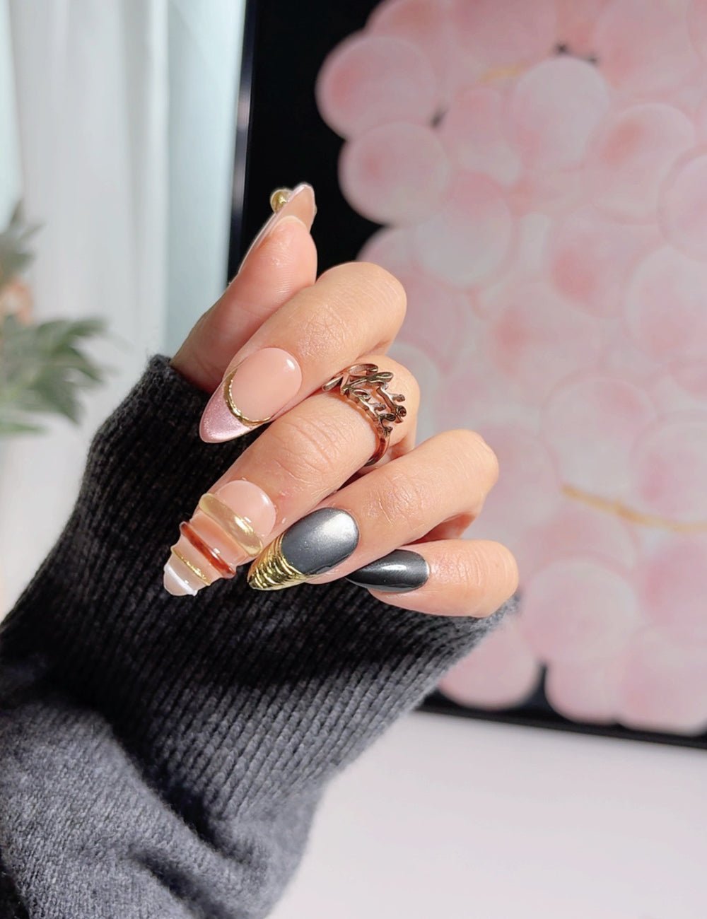 Handmade Gothic Black Nails with Gold Accents - Reusable Medium Almond Luxury Manicure