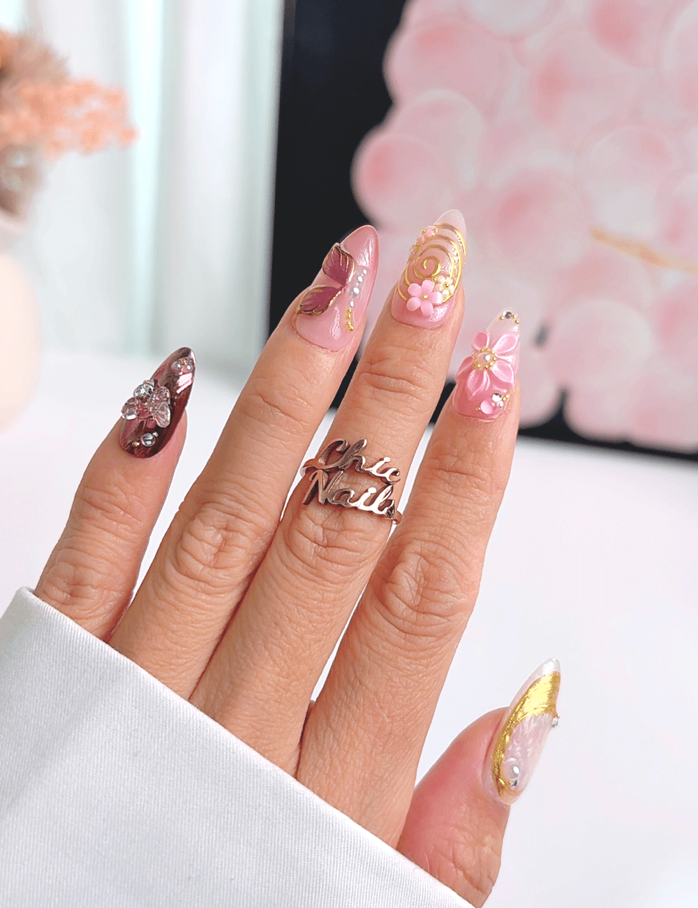 Luxury 3D Flower Press On Nails – Medium Almond Pink Gold Butterfly Design
