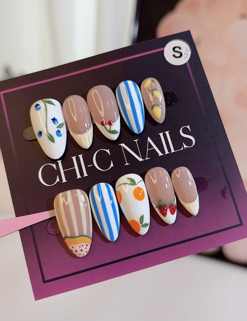 Fruit Mix Press-On Nails – Medium Almond | Summer Stripes & Fruity Design
